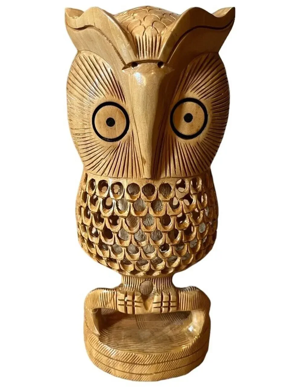 Owl Wood Wooden Carved Statue With Hollow Spot In Belly Blonde